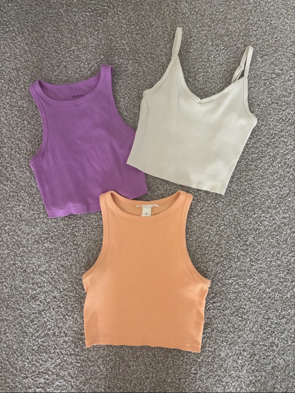 Lot of Three Ribbed Cropped Tank Tops Size Small Cream Orange Purple